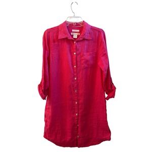 C&C California Pink 100% Linen Shirt Dress Roll Tab Sleeve Coastal Womens Small
